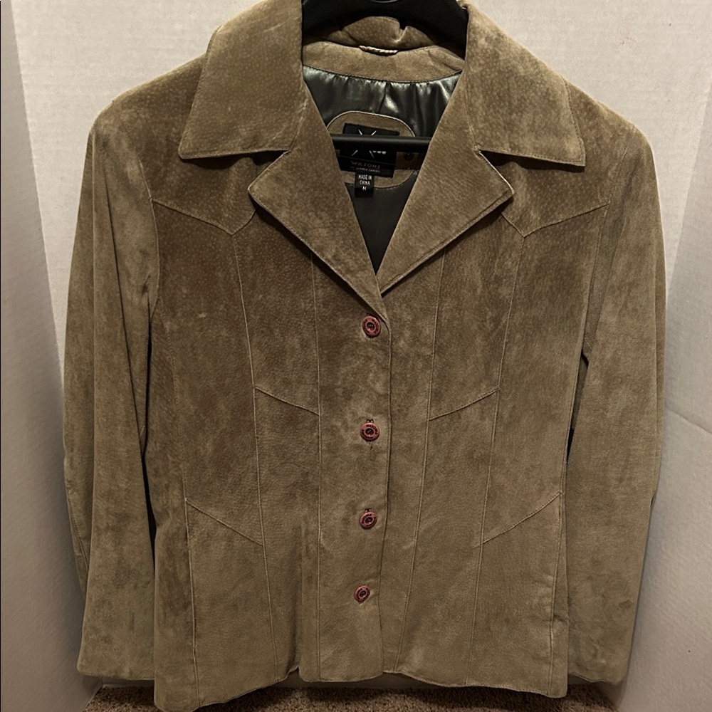 Maxima Sage Green suede Jacket with Button Accents